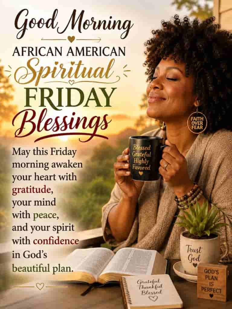 Good Morning African American Spiritual Friday Blessings image featuring a Black woman enjoying a peaceful sunrise with a Bible and coffee mug, surrounded by gratitude-themed decor, with an uplifting message about gratitude, peace, and trusting God’s beautiful plan.