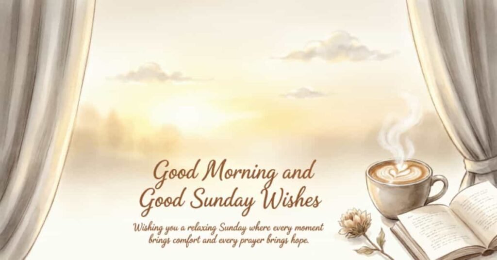 Good morning and good Sunday wishes with a steaming coffee cup, open book, soft curtains, and a peaceful sunrise background.