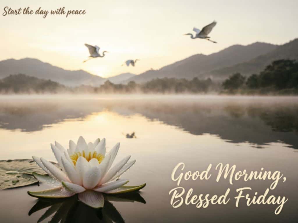 Good morning blessed Friday image with a peaceful lake, white water lily, misty mountains, and birds flying at sunrise.