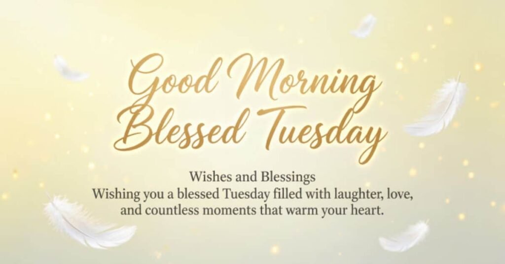 Good Morning Blessed Tuesday wishes and blessings with a heartfelt message about laughter, love, and warm moments, set against a soft golden background with white feathers.