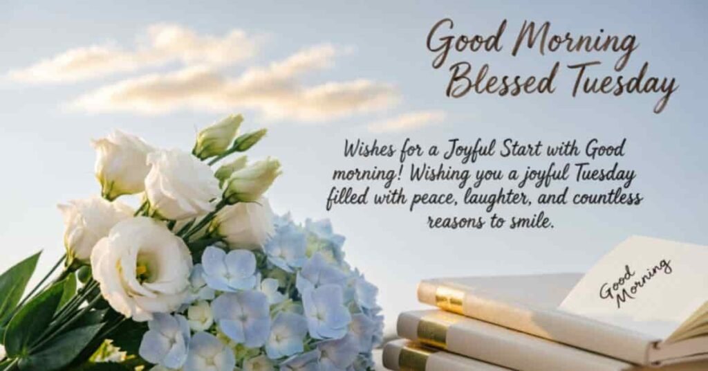 Good Morning Blessed Tuesday image featuring elegant white flowers, a stack of books, a peaceful blue sky with clouds, and an inspiring message wishing a joyful Tuesday filled with peace, laughter, and reasons to smile.