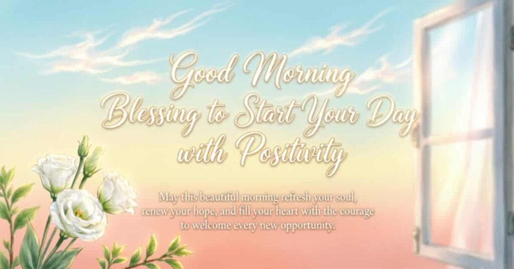 Good Morning Blessing to Start Your Day with Positivity featuring white flowers, an open window, and an uplifting message about hope, courage, and new opportunities.