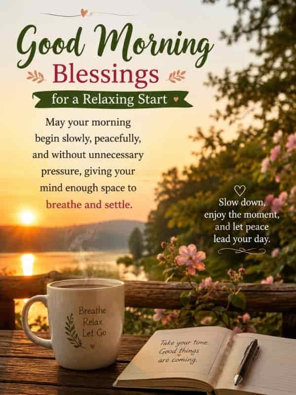 Good Morning Blessings for a Relaxing Start with a peaceful sunrise, warm coffee, flowers, and calming morning message.
