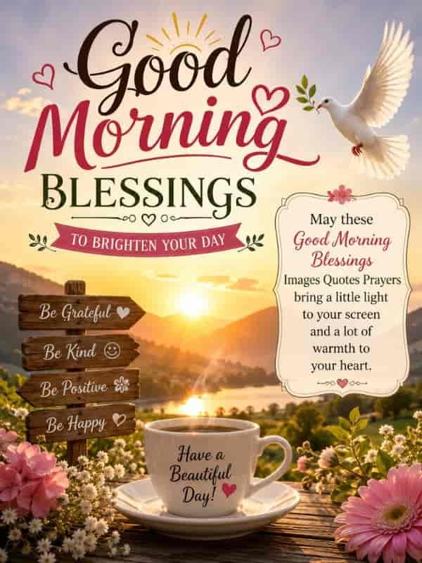 Good Morning blessings image with a beautiful sunrise, blooming flowers, white dove, coffee cup, and uplifting message to brighten your day.