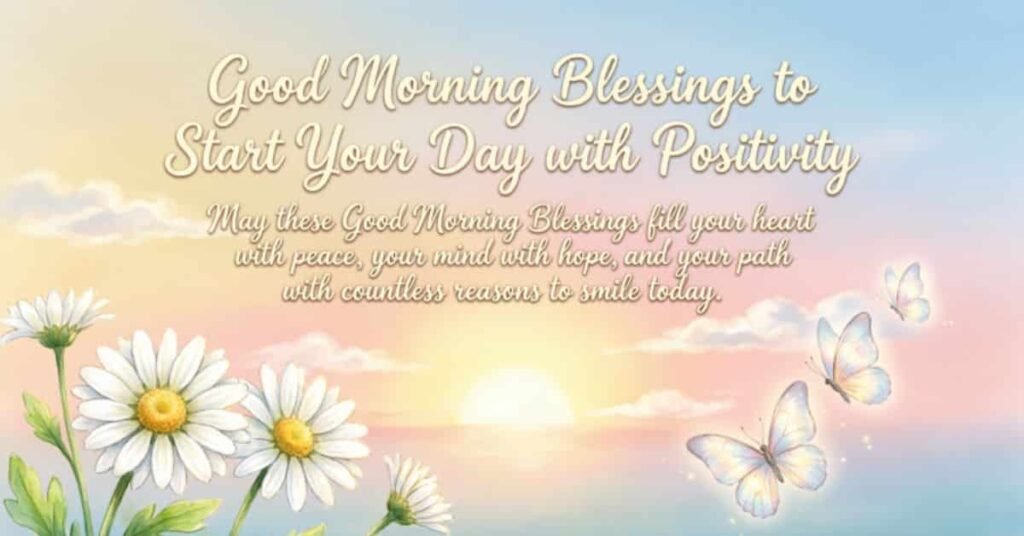 Good Morning Blessings to Start Your Day with Positivity featuring an uplifting message, white daisies, glowing butterflies, and a peaceful sunrise background.