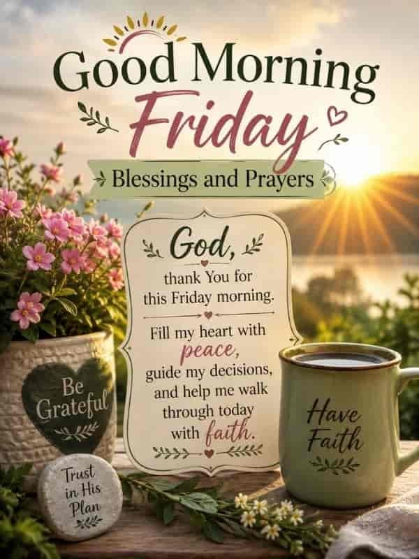 Good Morning Friday blessings and prayers with a peaceful sunrise, pink flowers, coffee cup, and a heartfelt prayer asking God for peace, guidance, and faith.