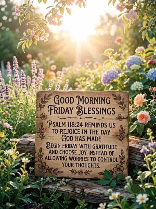 Good Morning Friday Blessings image with Psalm 118:24 Bible verse on a wooden sign in a sunny garden.