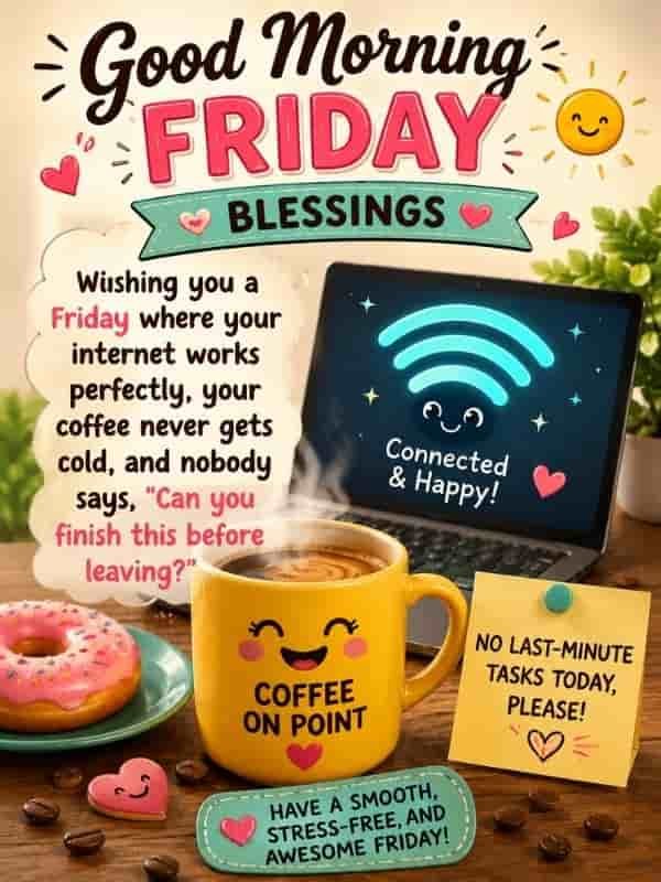 Good morning Friday blessings with funny coffee, working internet, and no last-minute work requests.