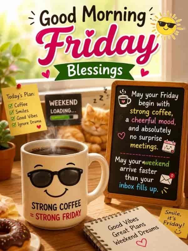 Good Morning Friday blessings with a cheerful coffee mug, weekend loading sign, sleeping cat, and funny message wishing for strong coffee, a cheerful mood, no surprise meetings, and a fast-arriving weekend.