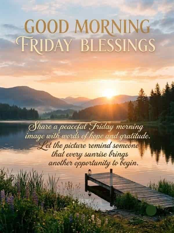Good Morning Friday Blessings image with a serene sunrise over a lake, wooden dock, and inspiring text.