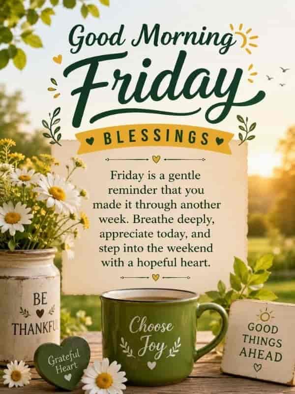 Good Morning Friday Blessings image featuring a green coffee mug with 'Choose Joy', white daisy flowers, and an inspirational quote for the weekend