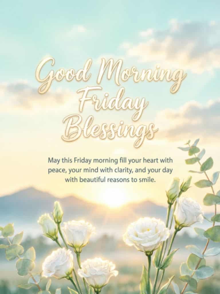 Good Morning Friday blessings image with a peaceful sunrise, white flowers, soft clouds, and a message wishing peace, clarity, and reasons to smile.