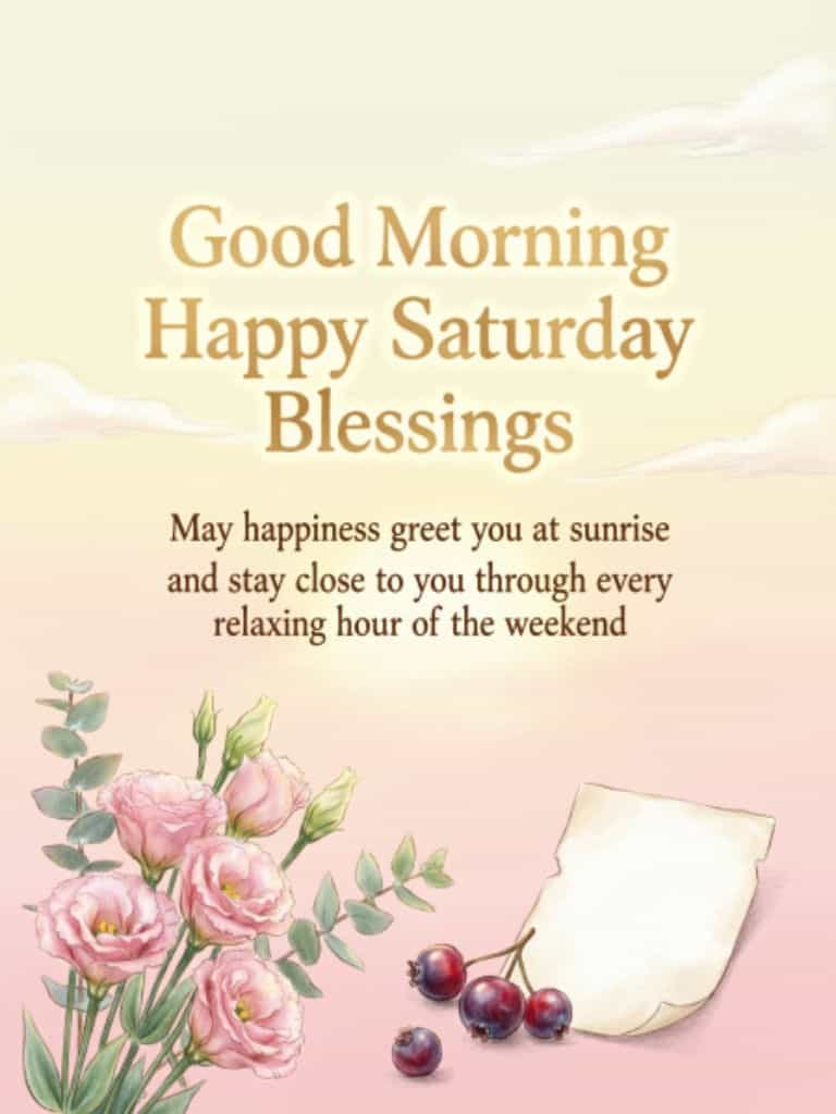 Good morning happy Saturday blessings image with pink flowers and berries, wishing happiness at sunrise and throughout a relaxing weekend.