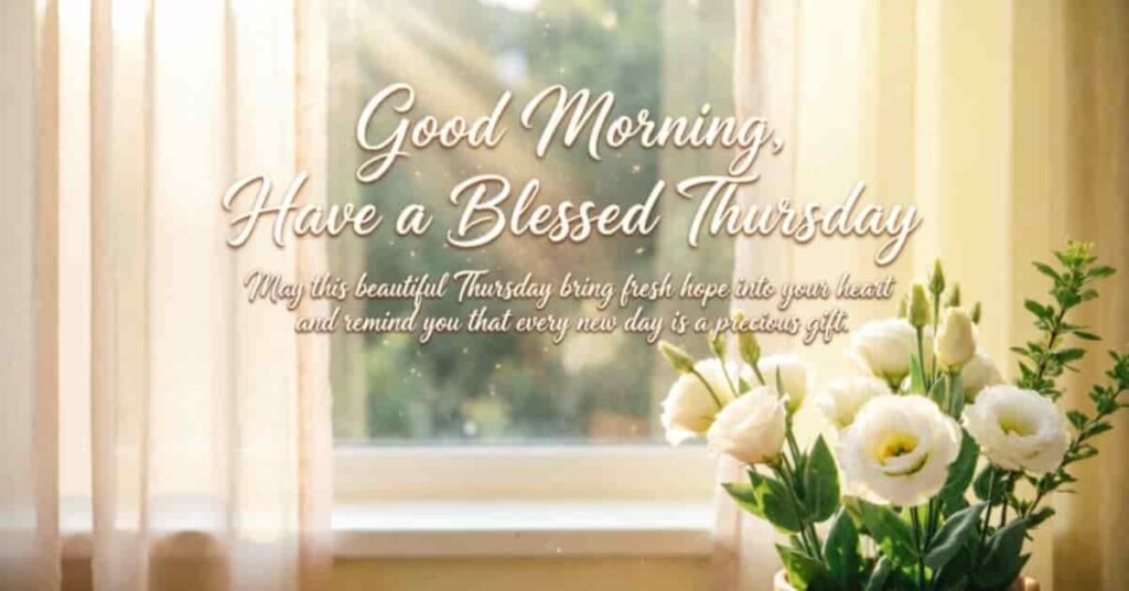 Good Morning Have a Blessed Thursday message with white flowers beside a sunlit window and a warm, peaceful background.