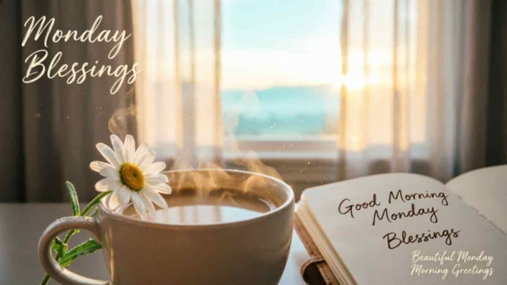 A steaming cup of coffee with a daisy flower next to an open notebook with Good Morning Monday Blessings text and a sunny window in the background