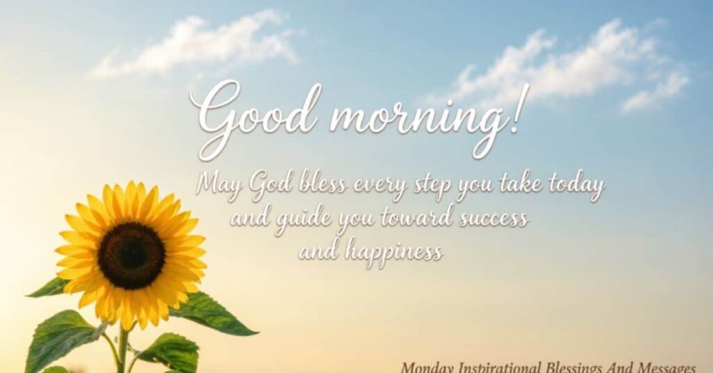 Good morning Monday blessings image featuring a bright sunflower under a blue sky with an inspirational prayer asking God to guide every step toward success and happiness.