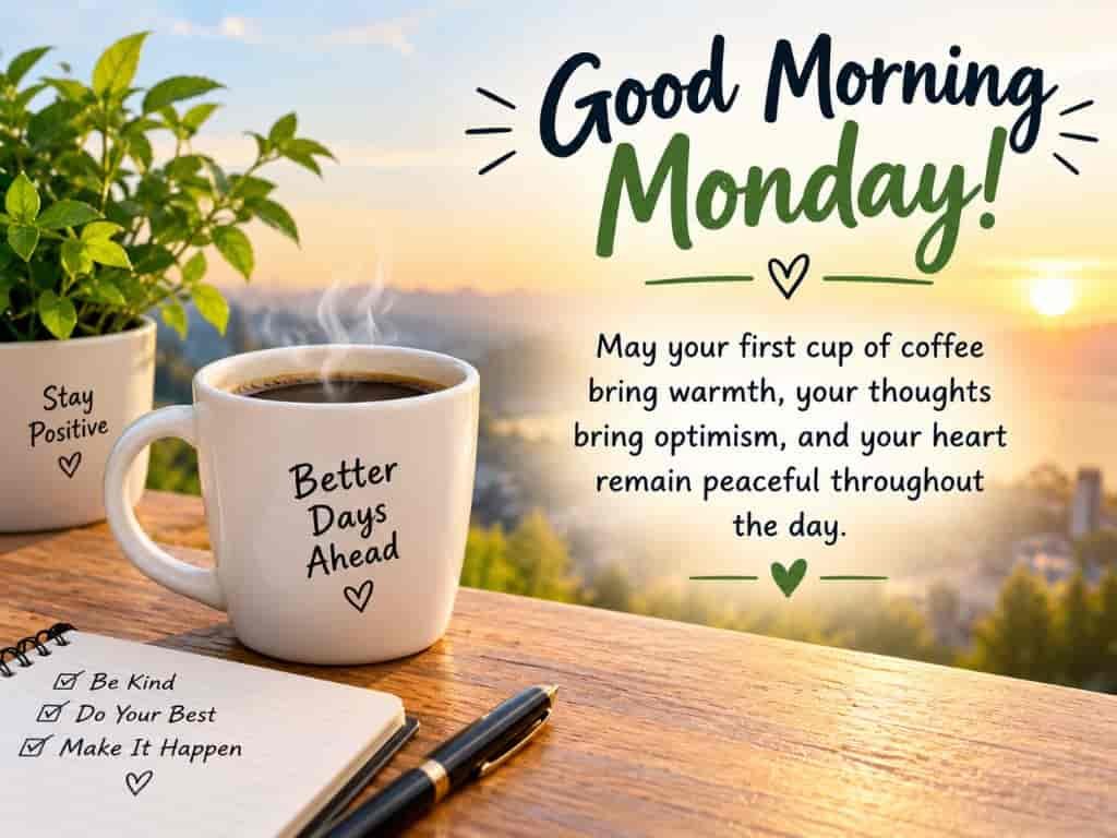 Good Morning Monday message with a coffee mug, notebook, and sunrise background