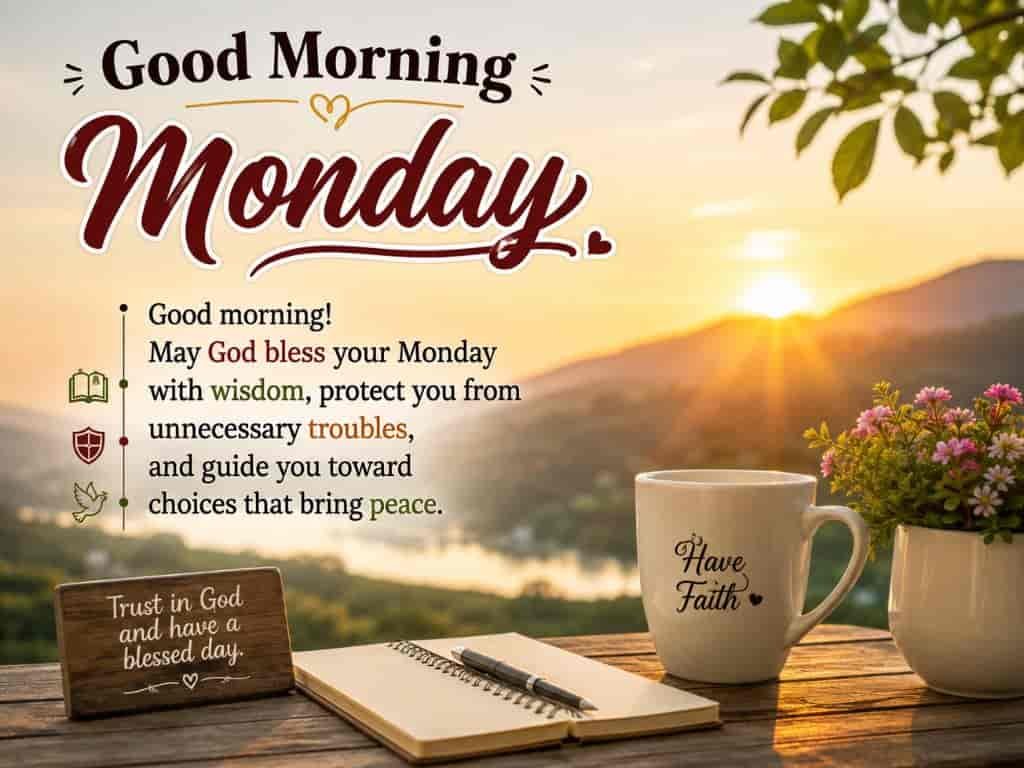 Good Morning Monday blessing message with a coffee mug, notebook, and scenic sunrise