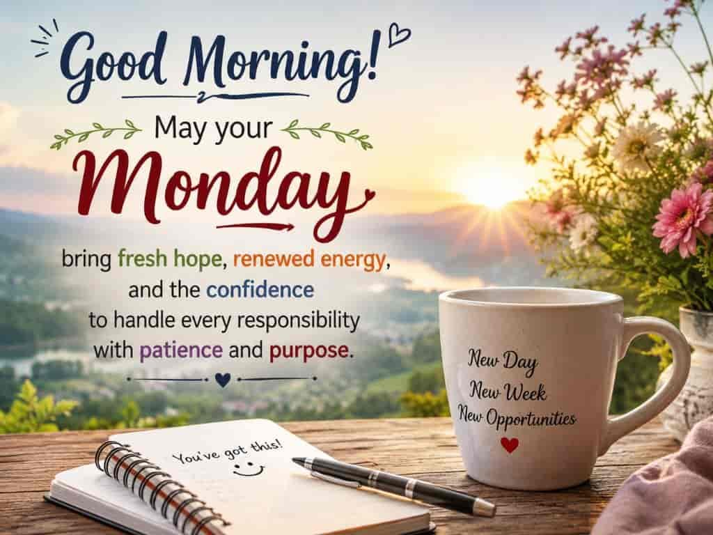 Good morning Monday message with a cup of coffee, open notebook, and sunrise background