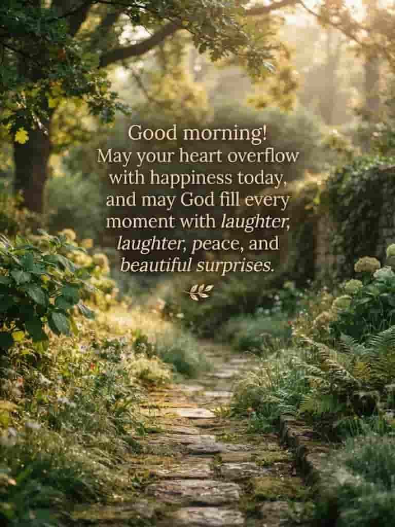 Good morning prayer wishing for happiness, laughter, peace, and beautiful surprises, displayed over a peaceful sunlit forest path.