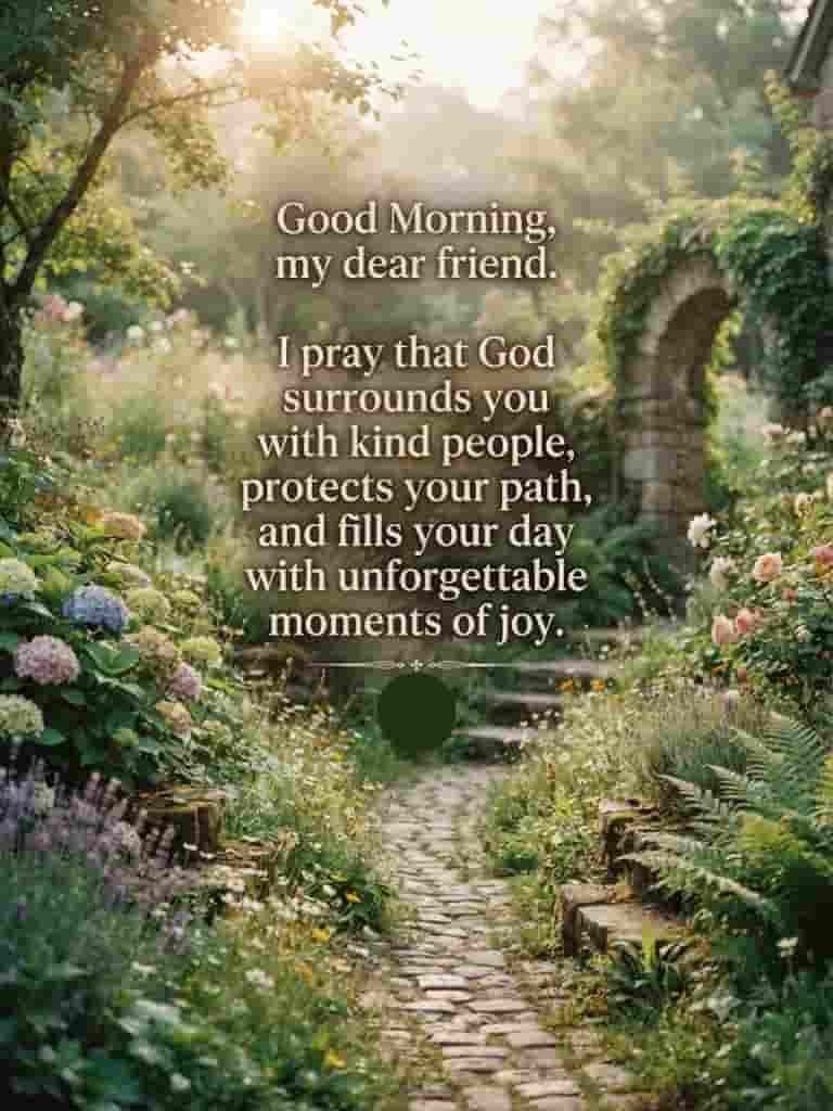 Good morning prayer for a dear friend, asking God to surround them with kind people, protect their path, and fill their day with unforgettable moments of joy, set in a beautiful garden.