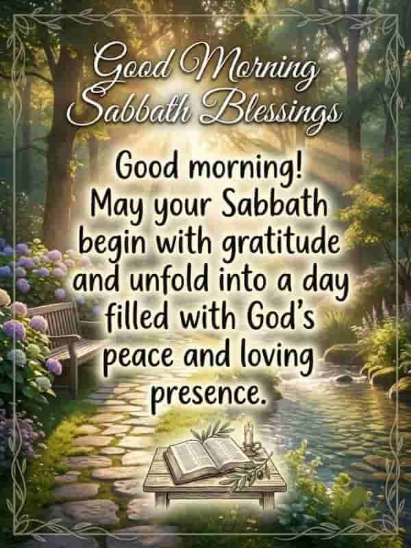 Elegant 3:4 portrait image featuring a peaceful garden scene with a winding stone path, blooming purple hydrangeas, a wooden bench, and a streaming brook bathed in morning sunlight. Prominently written in clear typography is the header "Good Morning Sabbath Blessings" followed by the message: "Good morning! May your Sabbath begin with gratitude and unfold into a day filled with God's peace and loving presence." At the bottom, an illustration shows an open bible, a lit candle, and an olive branch on a small wooden table.
