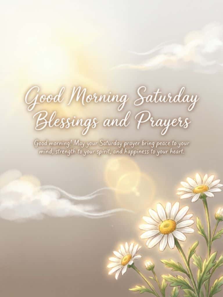 Good Morning Saturday blessings and prayers with daisies, soft clouds, and a peaceful message wishing peace, strength, and happiness.