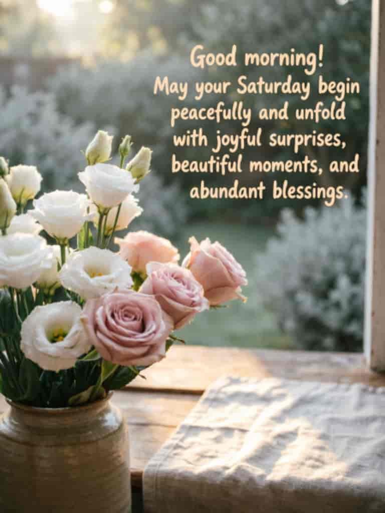 Good morning Saturday blessings quote with white and pink flowers in a vase by a sunlit window, wishing a peaceful day filled with joyful moments and abundant blessings.