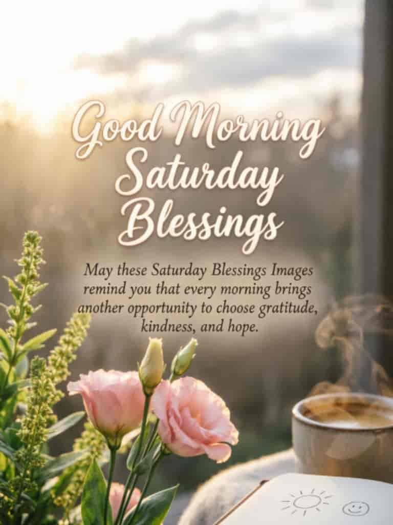 Good morning Saturday blessings quote with pink flowers, a cup of coffee, and a journal beside a window, encouraging gratitude, kindness, and hope.