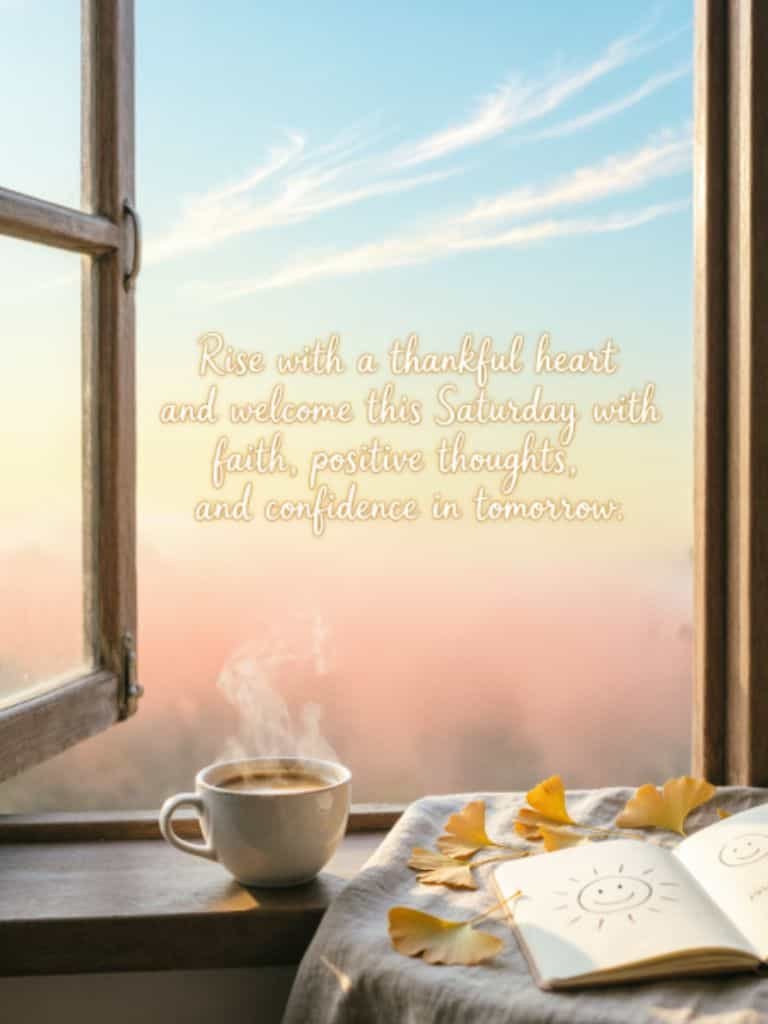 Good morning Saturday blessing quote over a peaceful sunrise view, with a steaming cup of coffee and an open journal by the window, inspiring gratitude, faith, and positive thoughts.