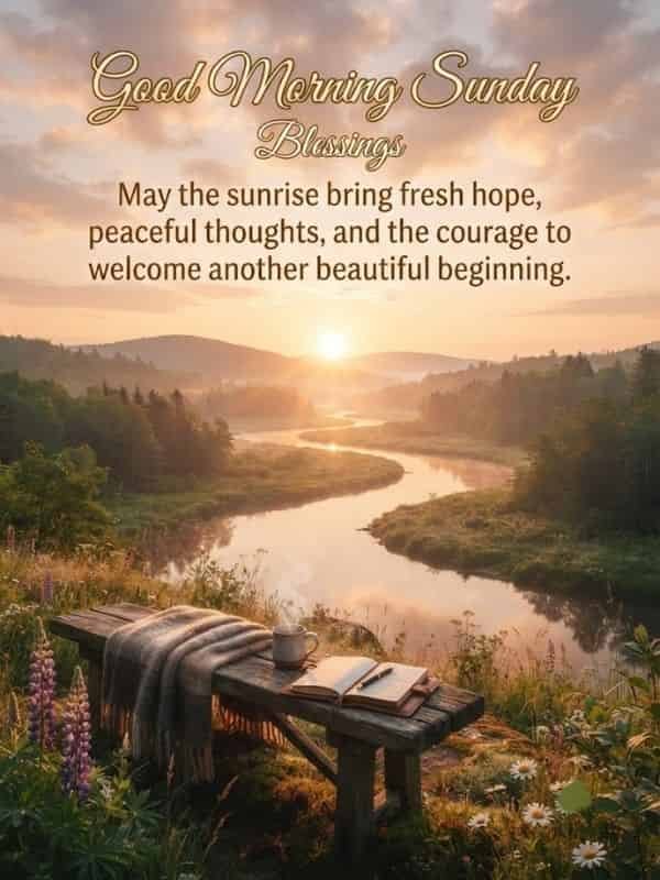 A serene Sunday morning landscape featuring a golden sunrise over a winding river and misty hills, with a rustic wooden bench holding a cozy blanket, an open journal, and a steaming mug in the foreground surrounded by wild flowers.