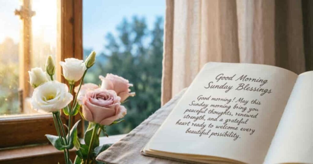 Good morning Sunday blessings image featuring pink and white flowers beside an open book with a peaceful Sunday morning prayer.