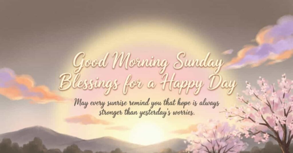 Good morning Sunday blessings for a happy day with a peaceful sunrise, mountains, soft clouds, and blooming pink cherry blossoms.