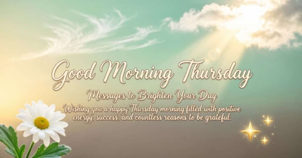 Good morning Thursday message with a white daisy, glowing sunrise sky, and uplifting wishes for positive energy, success, and countless reasons to be grateful.