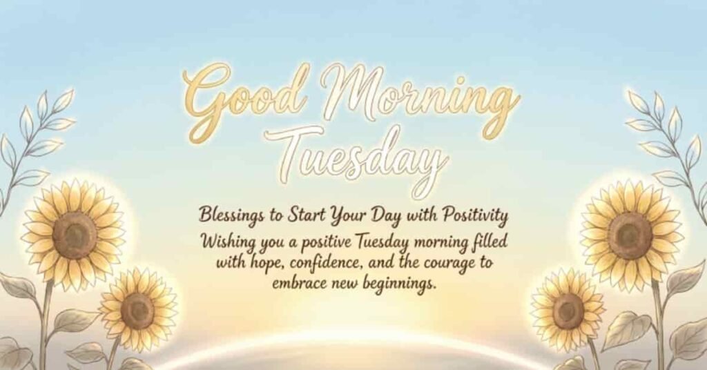 Good Morning Tuesday blessings with a positive message about hope, confidence, courage, and new beginnings, surrounded by glowing sunflowers.