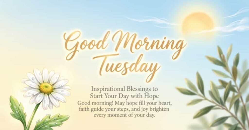 Good Morning Tuesday inspirational blessings with a hopeful message about faith, joy, and bright moments, featuring a white daisy, green leaves, and a glowing sunrise.