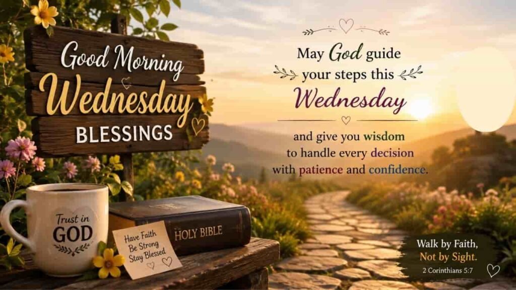 Good Morning Wednesday Blessings image with a sunrise path, coffee mug, and Holy Bible quote.