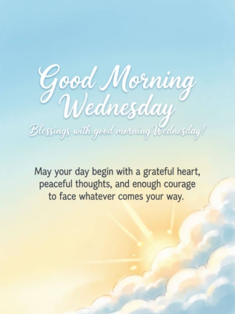 Good Morning Wednesday blessings image with soft sunrise sky and clouds.