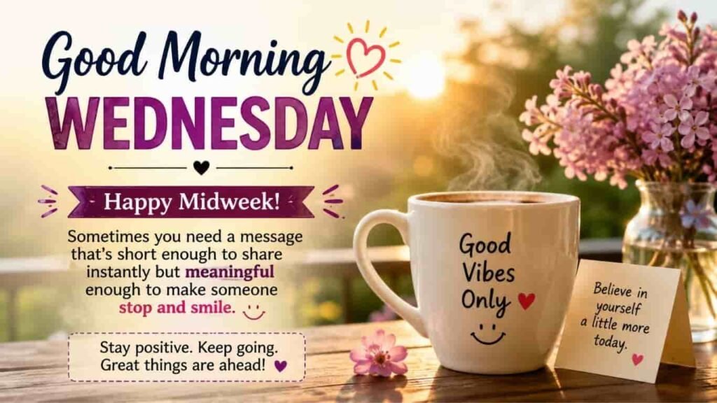 Good Morning Wednesday messages for WhatsApp, Facebook, and Instagram with a coffee mug, purple flowers, and sunrise background.