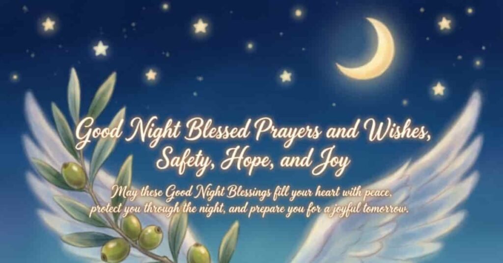 Good Night Blessed Prayers and Wishes image with angel wings, crescent moon, stars, and olive branches, featuring an inspirational Christian blessing for safety, hope, joy, peaceful sleep, and God's protection throughout the night.
