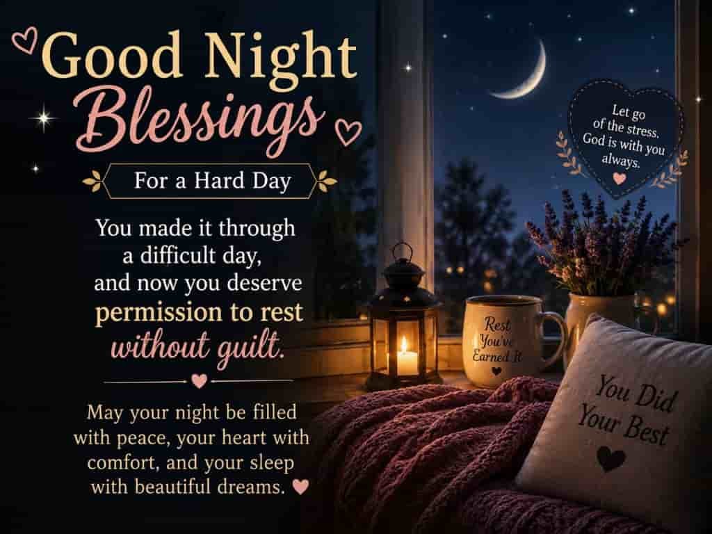 Good night blessings for a hard day with a cozy bedroom, candle lantern, moonlit window, and a comforting message about rest, peace, and beautiful dreams