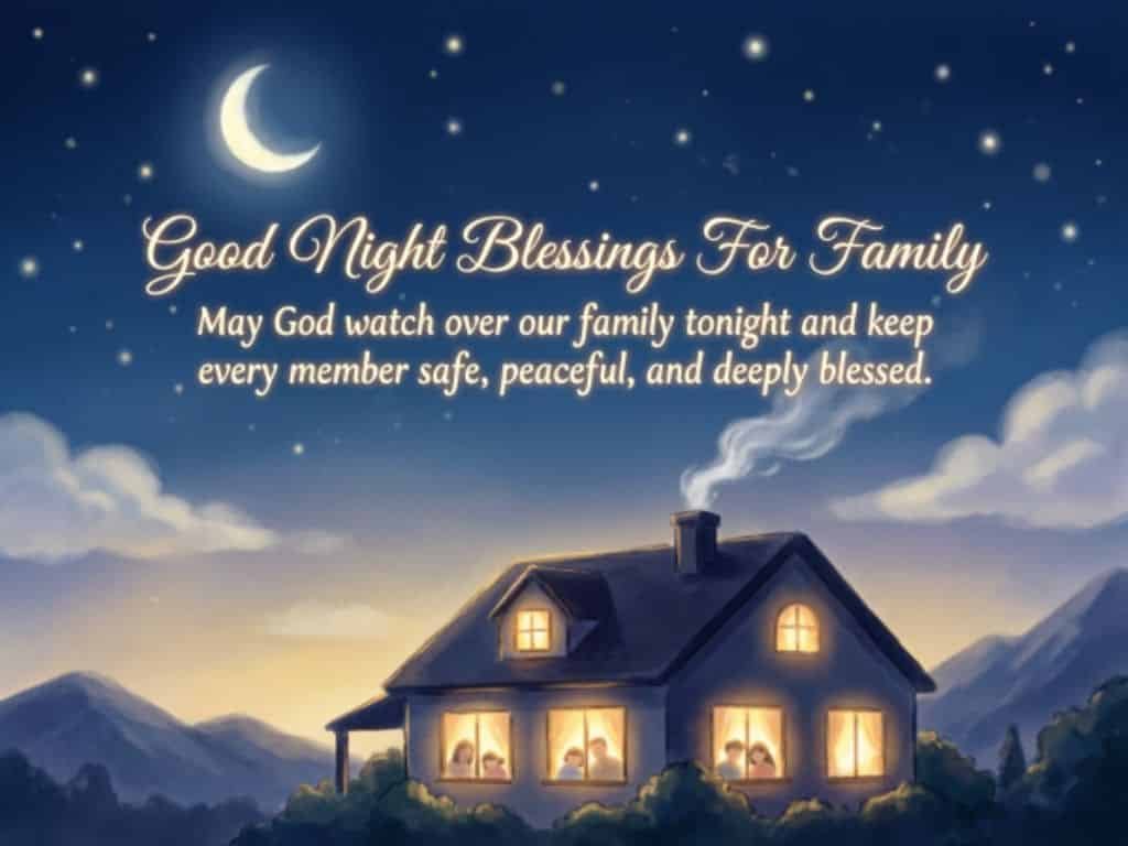 Good night blessings for family with a cozy house under a starry night sky and a prayer for safety, peace, and blessings