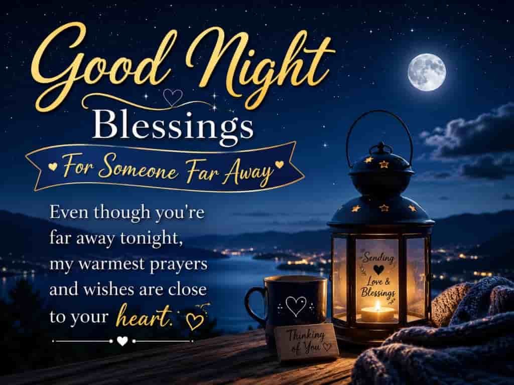 Good night blessings for someone far away with a moonlit lake, glowing lantern, stars, and a heartfelt message of love, prayers, and warm wishes