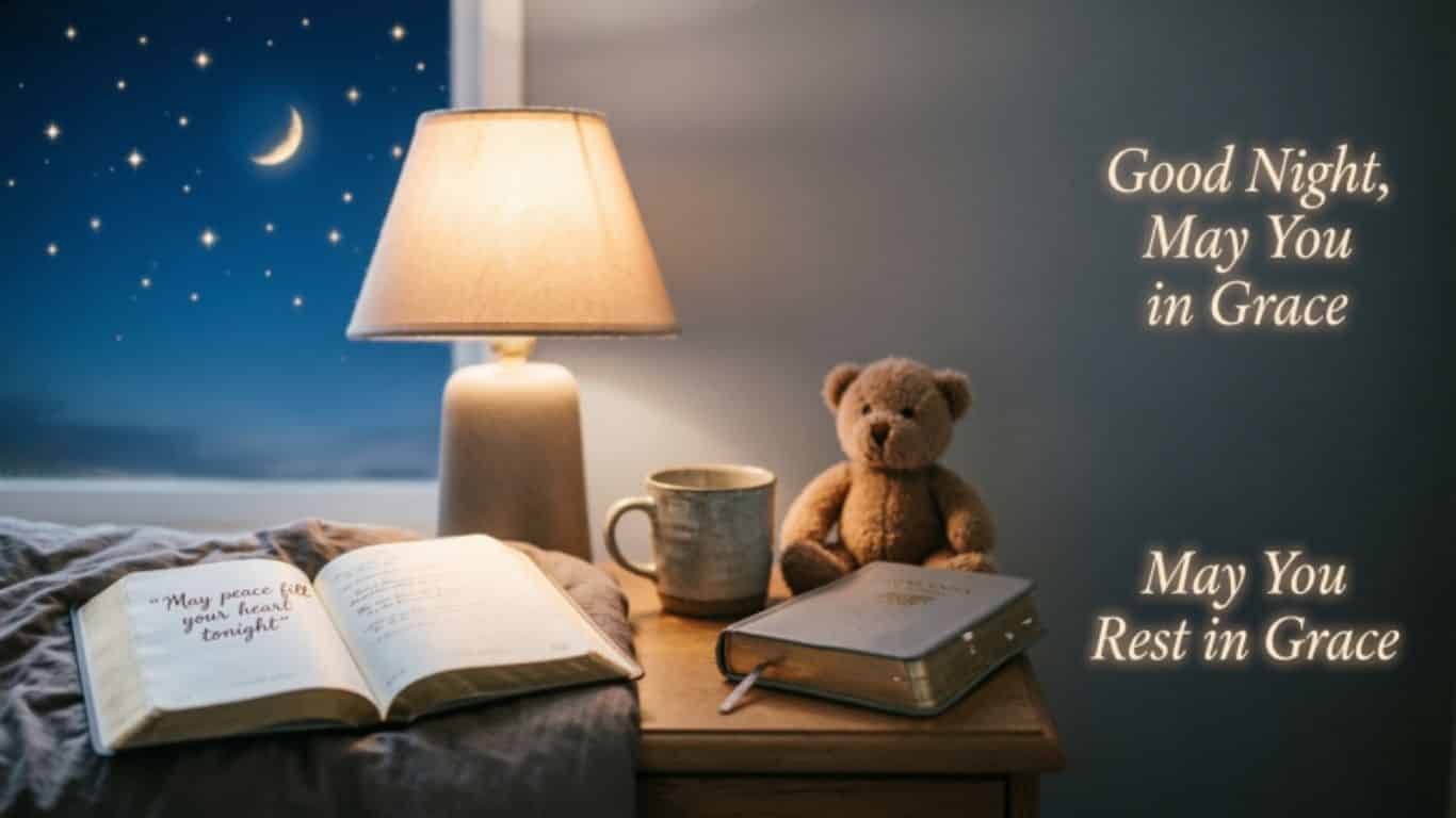 Good night blessings with a cozy lamp, teddy bear, open Bible, coffee cup, moon and stars