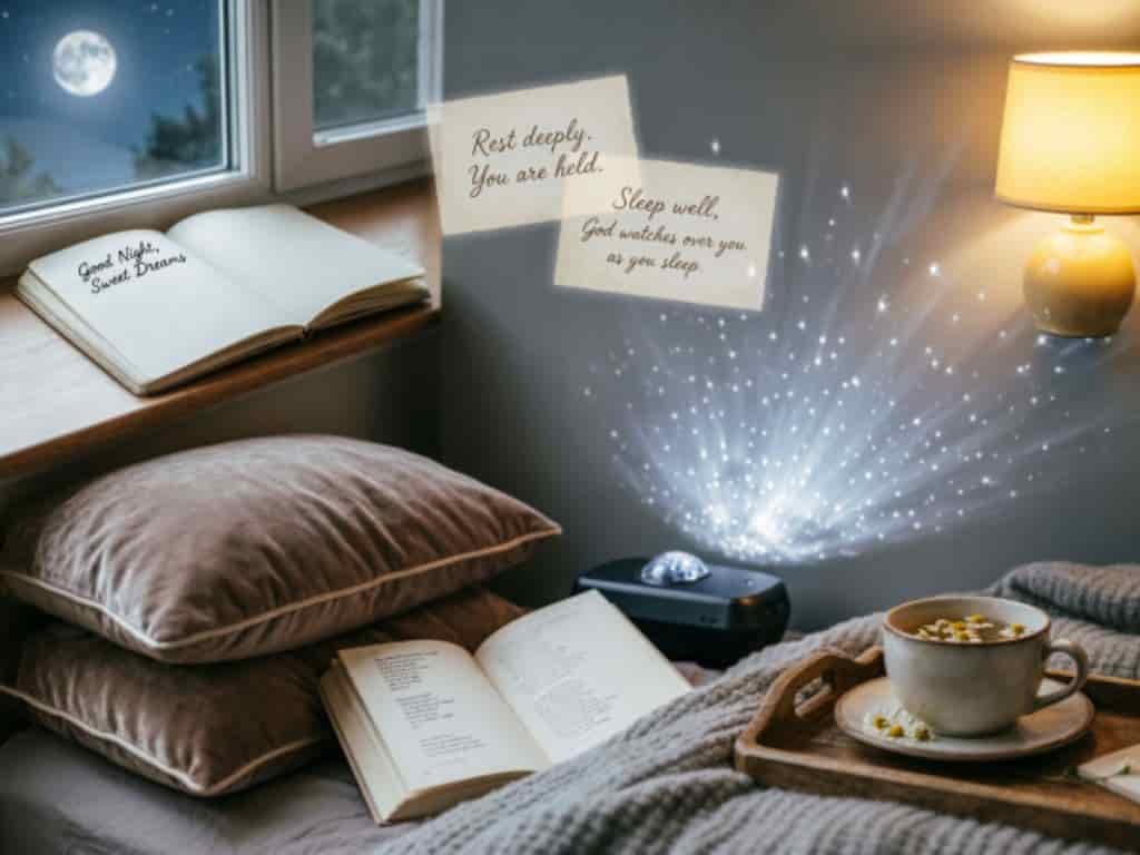 Cozy good night scene with an open book, pillows, warm lamp, moonlight and a comforting sleep prayer