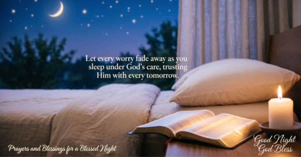 Good Night God Bless image featuring a cozy bedroom with an open Bible, glowing candle, crescent moon, and a peaceful night sky, displaying an inspirational Christian prayer for restful sleep, God's protection, and blessed dreams.
