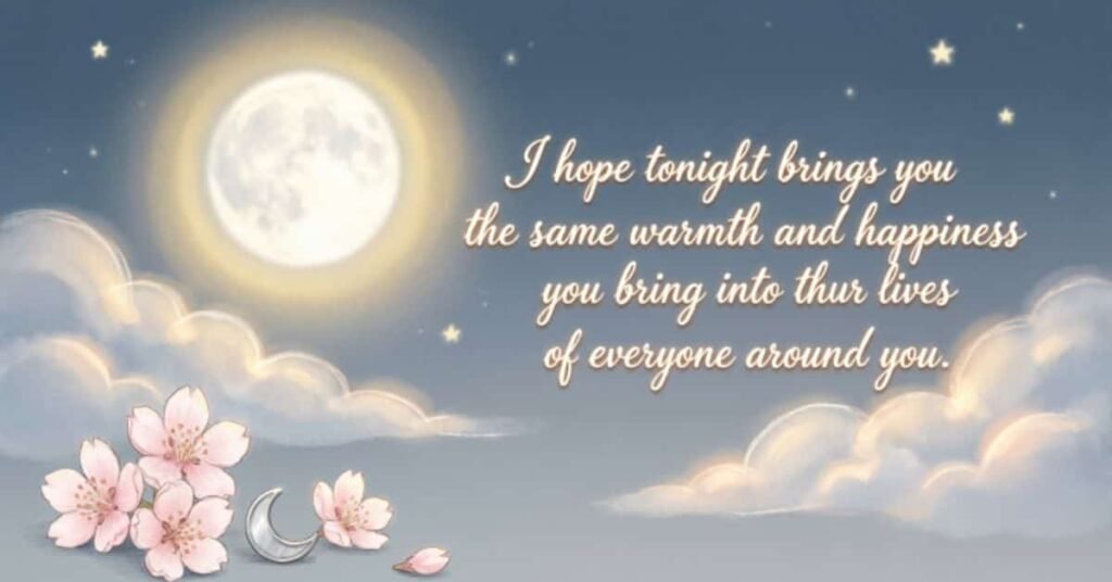 Good night message for her with a glowing full moon, stars, soft clouds, and pink flowers, wishing warmth and happiness to someone special.