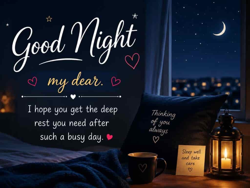 Good night message for him with a cozy bedroom, candle lantern, warm drink, moonlit window, and a loving wish for deep rest