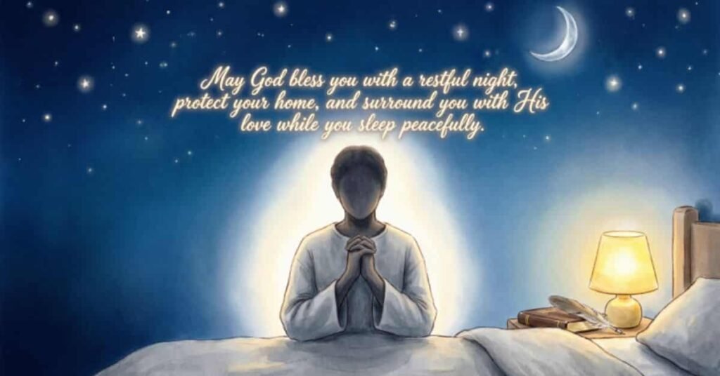 Good night prayer and blessing with a person praying beside a bed under a starry night sky, asking God for protection, love, and peaceful sleep.