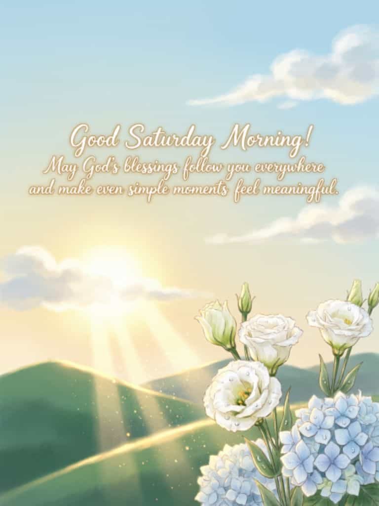 Good Saturday morning blessings image with a sunrise over peaceful hills, white and blue flowers, and a message asking God’s blessings to follow you and make simple moments meaningful.